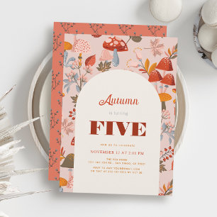 Fall/Autumn Mushroom & Wildflower Pink Birthday Invitation