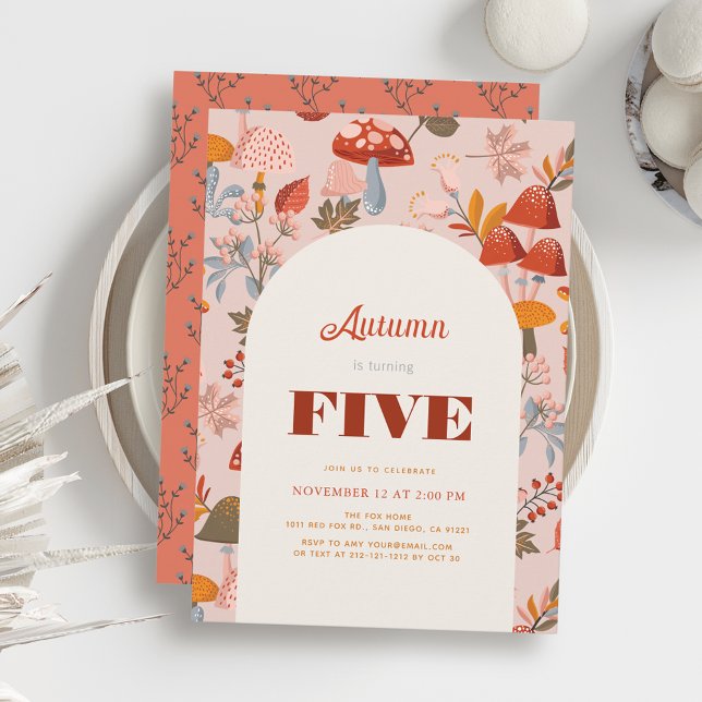 Fall/Autumn Mushroom & Wildflower Pink Birthday Invitation (Creator Uploaded)