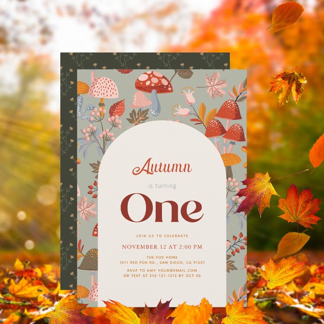 Fall/Autumn Mushroom Wildflower Sage 1st Birthday Invitation (Creator Uploaded)