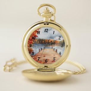 Fall Autumn Nature Lake Trees Landscape Men's  Pocket Watch