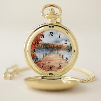 Fall Autumn Nature Lake Trees Landscape Men's  Pocket Watch