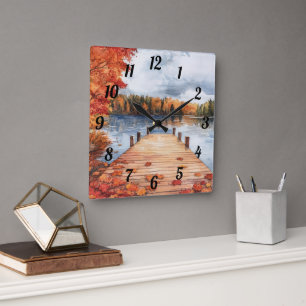 Fall Autumn Nature Lake Trees Landscape Painting Square Wall Clock