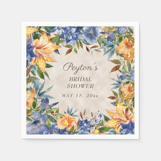 Fall Autumn Orange Blue Floral Bridal Shower Napkins (Front)