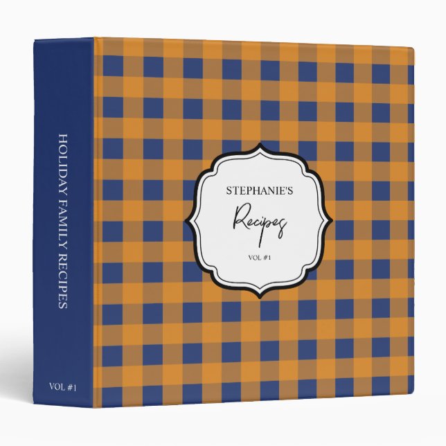 Fall Autumn Orange Blue Plaid Pattern Recipe 3 Ring Binder (Front/Spine)
