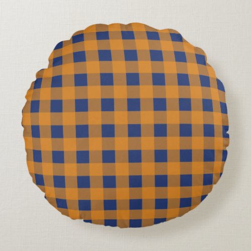 Fall Autumn Orange Blue Plaid Pattern  Round Pillow