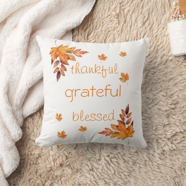 Fall Autumn Orange Brown Thankful Grateful Blessed Throw Pillow (Blanket)