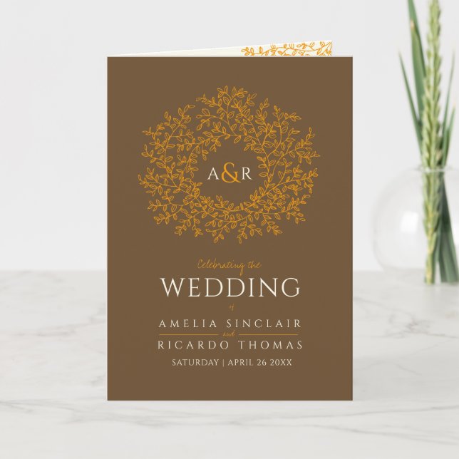 Fall autumn orange leaf brown monogram art wedding program (Front)