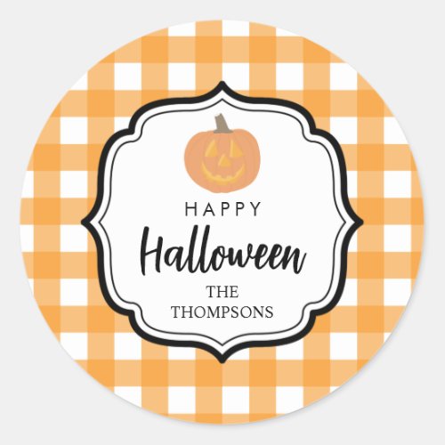 Fall Autumn Orange Plaid Halloween Pumpkin Classic Round Sticker