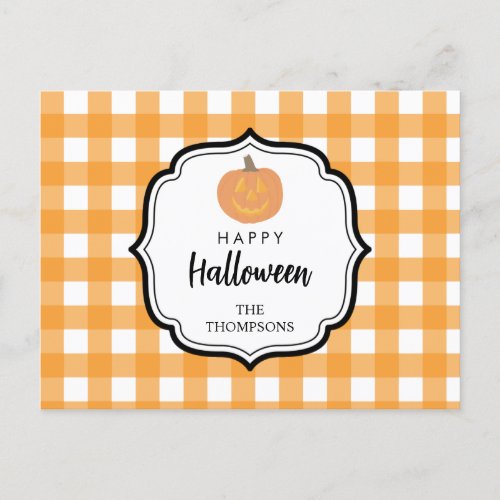 Fall Autumn Orange Plaid Halloween Pumpkin Holiday Postcard