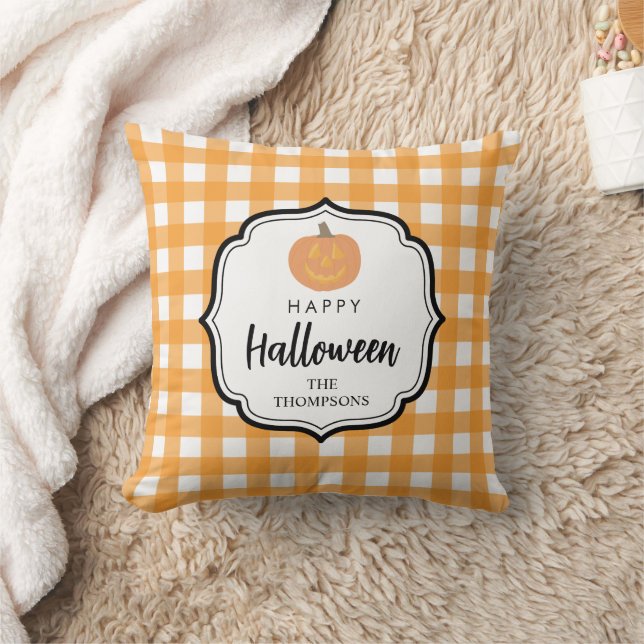 Fall Autumn Orange Plaid Halloween Pumpkin  Throw Pillow (Blanket)