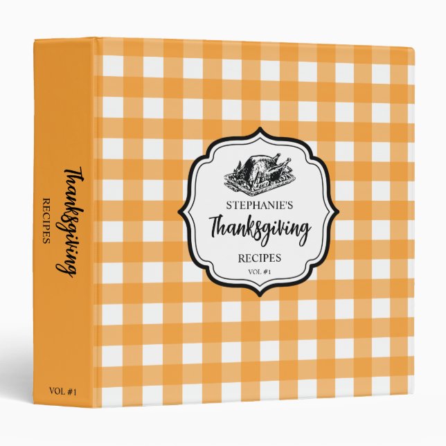 Fall Autumn Orange Plaid Thanksgiving Recipe 3 Ring Binder (Front/Spine)