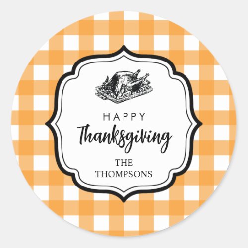 Fall Autumn Orange Plaid Thanksgiving Turkey  Classic Round Sticker