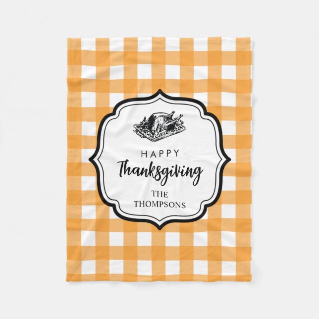 Fall Autumn Orange Plaid Thanksgiving Turkey  Fleece Blanket (Front)