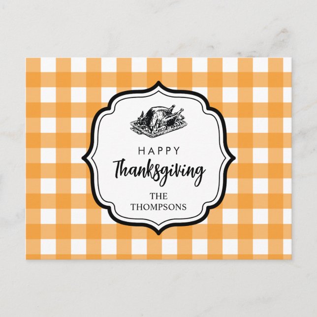 Fall Autumn Orange Plaid Thanksgiving Turkey Holiday Postcard (Front)