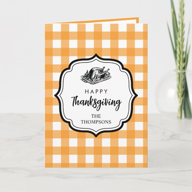 Fall Autumn Orange Plaid Thanksgiving Turkey  Thank You Card (Front)
