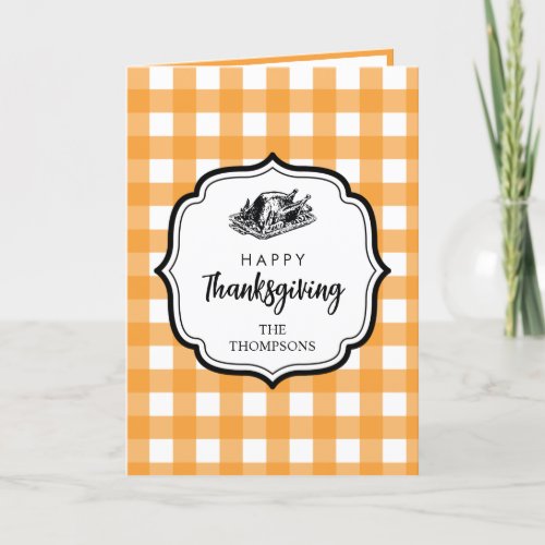 Fall Autumn Orange Plaid Thanksgiving Turkey  Thank You Card