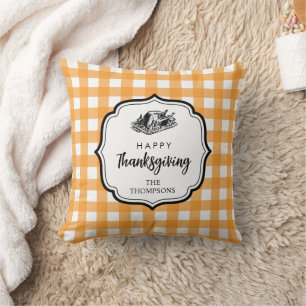 Fall Autumn Orange Plaid Thanksgiving Turkey Throw Pillow