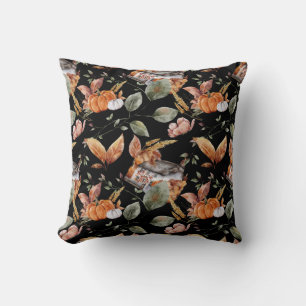 Fall Autumn Pattern Leaves Pumpkin House on Black Throw Pillow