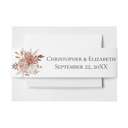 Fall Autumn Peach Brown White Floral Wedding  Invitation Belly Band