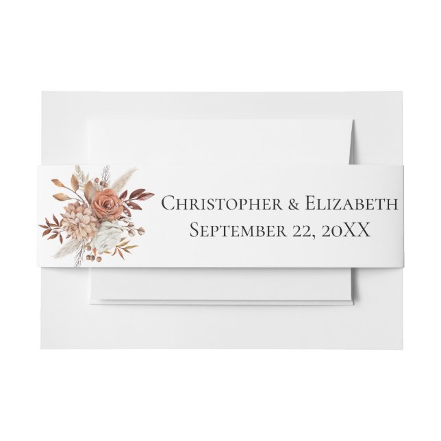 Fall Autumn Peach Brown White Floral Wedding  Invitation Belly Band (Front Example)
