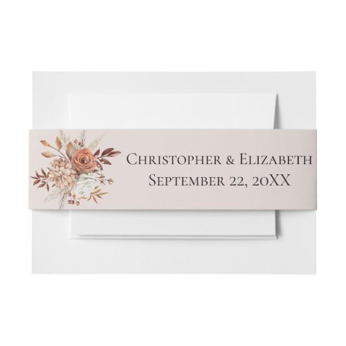 Fall Autumn Peach Brown White Pink Floral Wedding  Invitation Belly Band