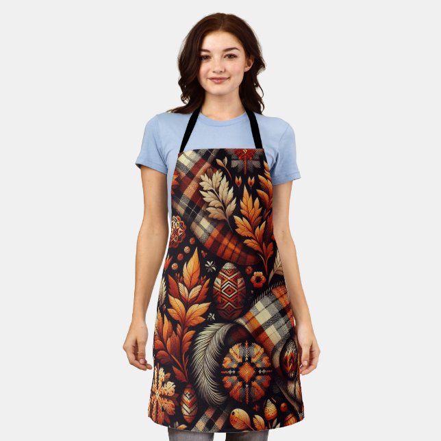 Fall Autumn Plaid Leaves Orange Black Pattern Apron (Worn)