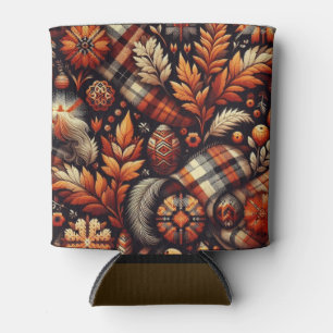Fall Autumn Plaid Leaves Orange Black Pattern Can Cooler