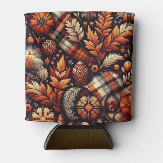 Fall Autumn Plaid Leaves Orange Black Pattern Can Cooler (Front)