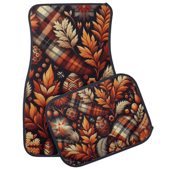 Fall Autumn Plaid Leaves Orange Black Pattern Car Floor Mat (Set)