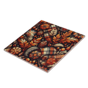 Fall Autumn Plaid Leaves Orange Black Pattern Ceramic Tile