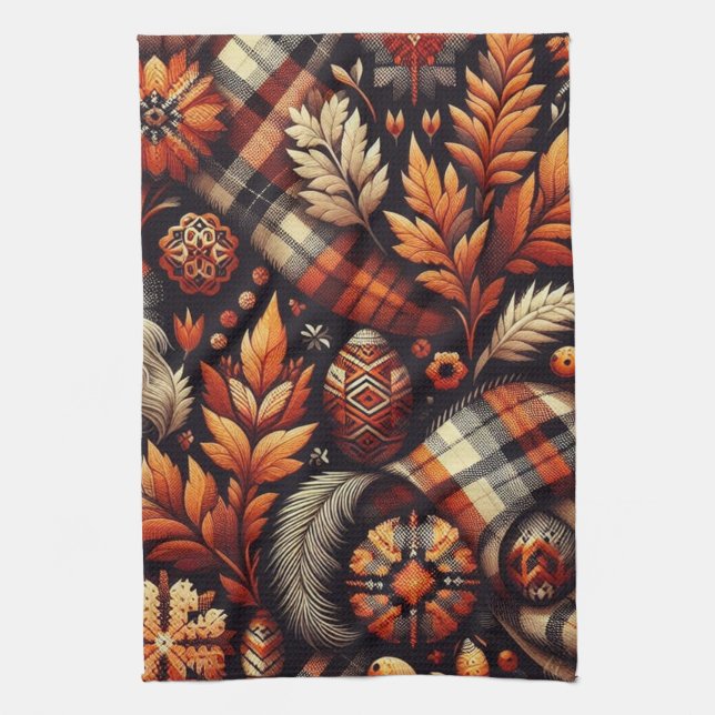 Fall Autumn Plaid Leaves Orange Black Pattern Kitchen Towel (Vertical)