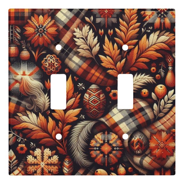 Fall Autumn Plaid Leaves Orange Black Pattern Light Switch Cover (Front)