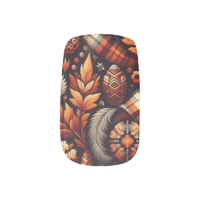 Fall Autumn Plaid Leaves Orange Black Pattern Minx Nail Art (Left Thumb)