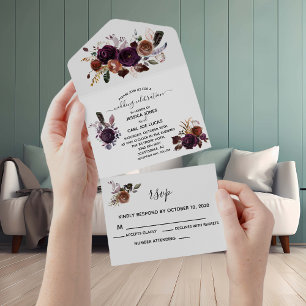 Fall Autumn Plum Purple Boho Elegant Watercolor All In One Invitation