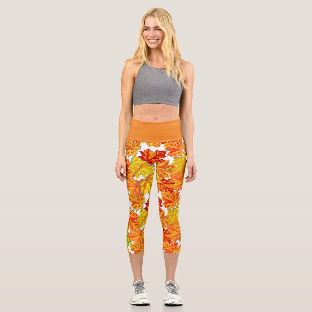 FALL AUTUMN PRINT CAPRI YOGA PANTS LEGGINGS (Front)