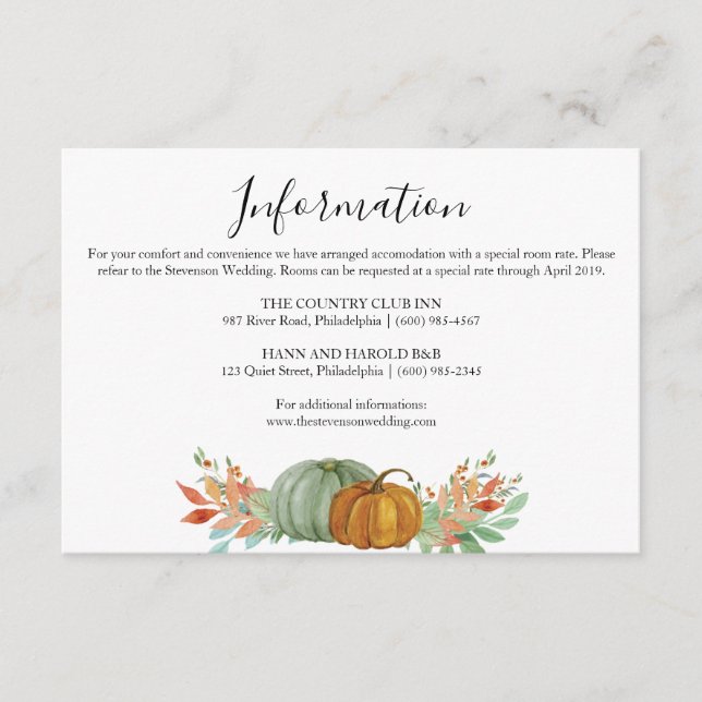 Fall Autumn pumkins information details wedding Enclosure Card (Front)