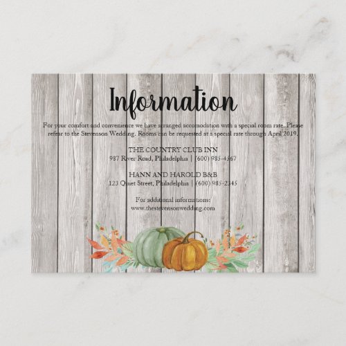 Fall Autumn pumkins wood information wedding Enclosure Card