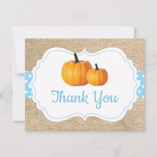Fall Autumn Pumpkin Blue Burlap Thank You Card