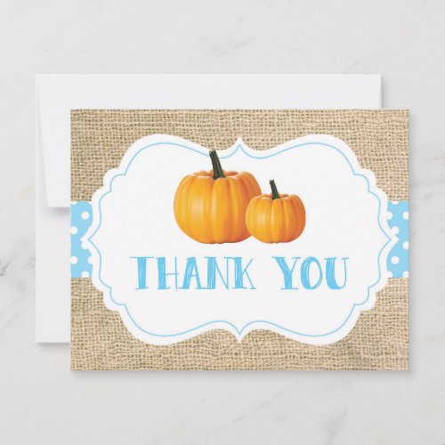 Fall Autumn Pumpkin Blue Burlap Thank You Card