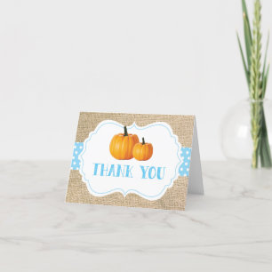 Fall Autumn Pumpkin Blue Burlap Thank You Card