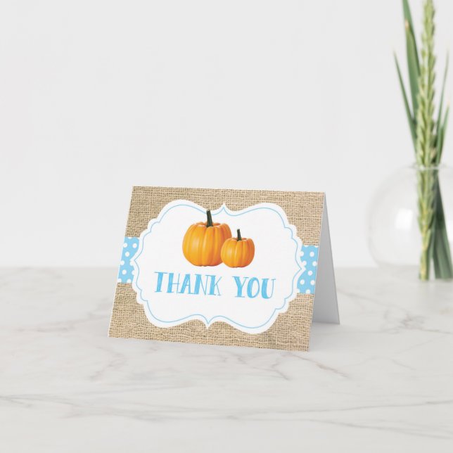 Fall Autumn Pumpkin Blue Burlap Thank You Card (Front)