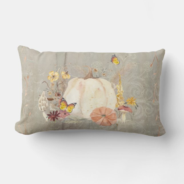 Fall Autumn Pumpkin Butterflies Mushroom Floral  Lumbar Pillow (Front)