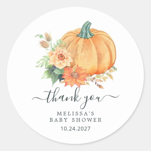 FallAutumn Pumpkin Floral Baby Shower Thank You  Classic Round Sticker