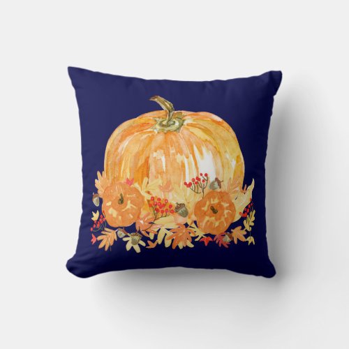 Fall Autumn Pumpkin Floral Watercolor Orange Navy Throw Pillow