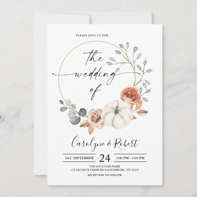 Fall Autumn Pumpkin Floral Wedding Invitation (Front)