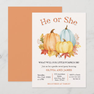 Fall Autumn Pumpkin He or She Gender Reveal Invitation
