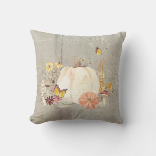 Fall Autumn Pumpkin Mushroom Floral Butterflies Throw Pillow