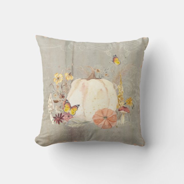 Fall Autumn Pumpkin Mushroom Floral Butterflies Throw Pillow (Front)