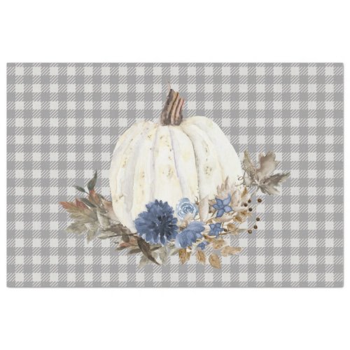 Fall Autumn Pumpkin Navy Blue Floral Buffalo Plaid Tissue Paper