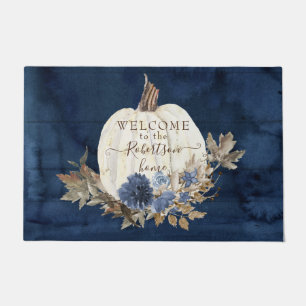 Fall Autumn Pumpkin Navy Welcome Mat Family Name